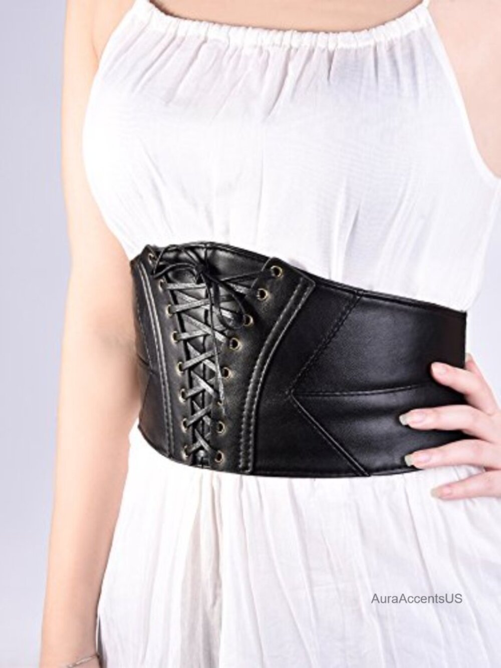 Faux Leather Spandex Corset Waist Belt with Lace and Button Closure - Picture 5 of 6